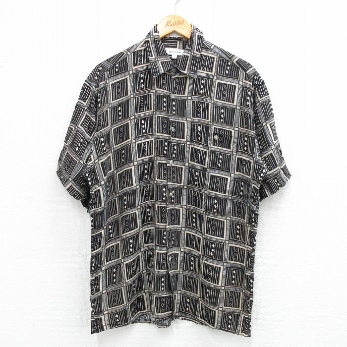 L★古着 ピエールカルダン pierre cardin 半袖 ブランド シャツ メンズ 90年代 90s 総柄 レーヨン 黒他 ブラック 25jul02 中古 トップス