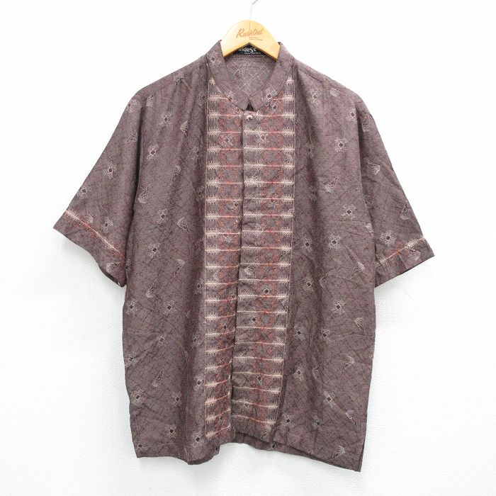 L★古着 半袖 シャツ メンズ 刺繍 スタンドカラー 茶他 ブラウン 25jul02 中古 トップス