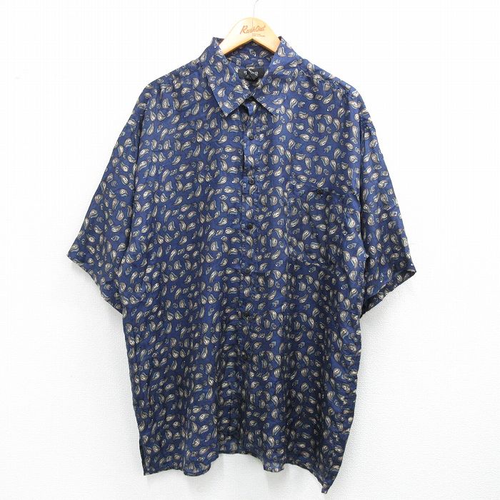 XL★古着 半袖 シャツ メンズ 総柄 大きいサイズ シルク 紺他 ネイビー 25jul02 中古 トップス