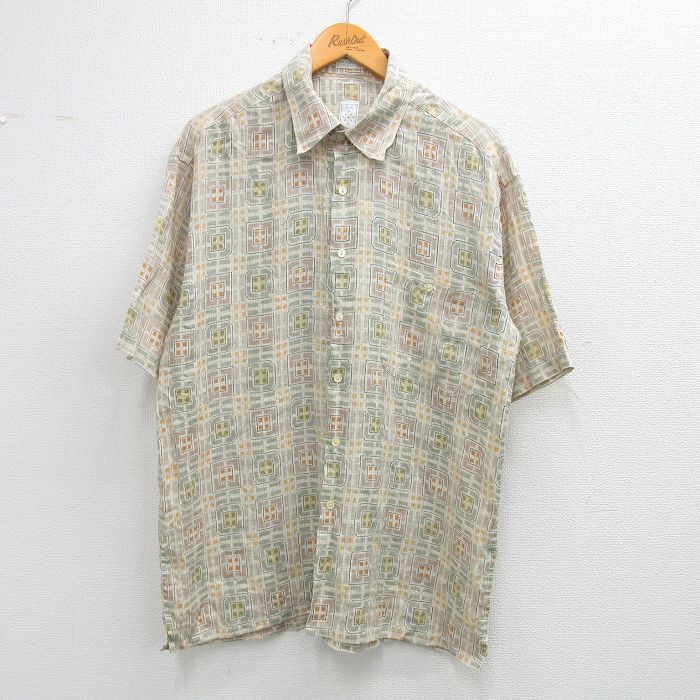 L★古着 半袖 シャツ メンズ リネン 薄緑系他 グリーン 25jul02 中古 トップス