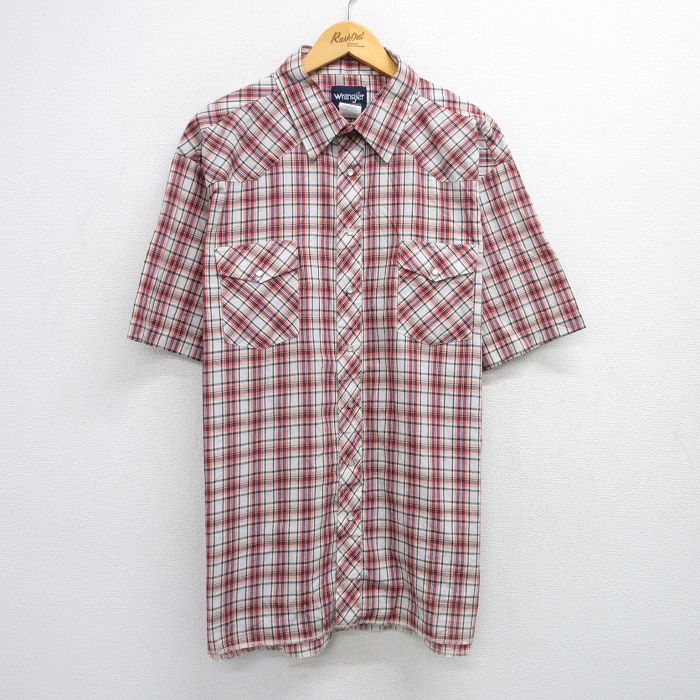 XL★古着 ラングラー Wrangler 半袖 ウエスタン シャツ メンズ 90年代 90s 大きいサイズ ロング丈 赤他 レッド チェック 25jul02 中古 トップス
