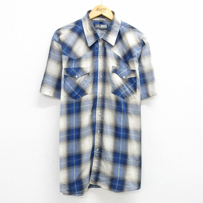 XL★古着 半袖 ウエスタン シャツ メンズ 大きいサイズ ロング丈 青他 ブルー オンブレ チェック 【spe】 25jul02 中古 トップス