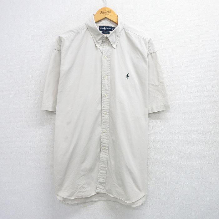XL★古着 ラルフローレン Ralph Lauren 半袖 ブランド シャツ メンズ 90年代 90s ワンポイントロゴ BLAKE 大きいサイズ ロング丈 コットン ボタンダウン 薄グレー系 25jul02 中古 トップス
