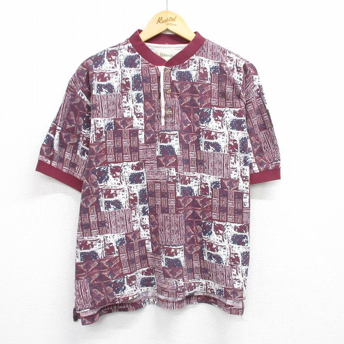 XL★古着 セントジョンズベイ 半袖 トップス メンズ 90年代 90s 総柄 鹿の子 コットン ヘンリーネック エンジ他 【spe】 25jul02 中古
