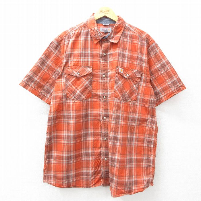 【50%OFF】XL★古着 カーハート Carhartt 半袖 シャツ メンズ 大きいサイズ ロング丈 オレンジ他 チェック 25jul02 中古 トップス