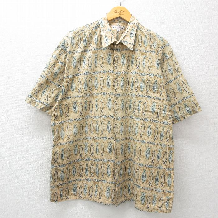 【20%OFF】XL★古着 ピエールカルダン pierre cardin 半袖 ブランド シャツ メンズ 90年代 90s 総柄 大きいサイズ コットン ベージュ他 カーキ 25jul02 中古 トップス