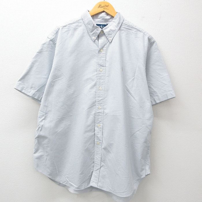 XL★古着 ラルフローレン Ralph Lauren 半袖 ブランド シャツ メンズ 90年代 90s ワンポイントロゴ オックスフォード 大きいサイズ コットン ボタンダウン 薄紺他 ネイビー ストライプ 25jul02 中古 トップス