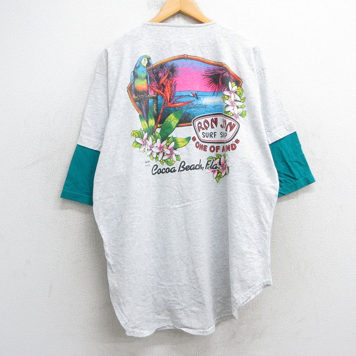 XL★古着 半袖 ベースボール シャツ メンズ 90年代 90s ロンジョン サーフィン 鳥 ツートンカラー 大きいサイズ 薄グレー 霜降り他 【spe】 25jul02 中古 トップス