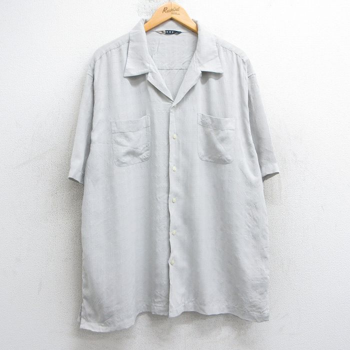XL★古着 オービー 半袖 シャツ メンズ 大きいサイズ レーヨン 開襟 オープンカラー 薄グレー チェック 25jul02 中古 トップス