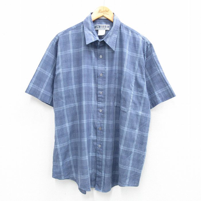 【20%OFF】XL★古着 半袖 シャツ メンズ 大きいサイズ ロング丈 紺他 ネイビー チェック 25jul03 中古 トップス
