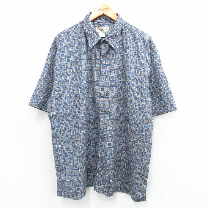 XL★古着 TRAVEL SMITH 半袖 シャツ メンズ 90年代 90s 総柄 コットン USA製 紺他 ネイビー 【spe】 25jul03 中古 トップス
