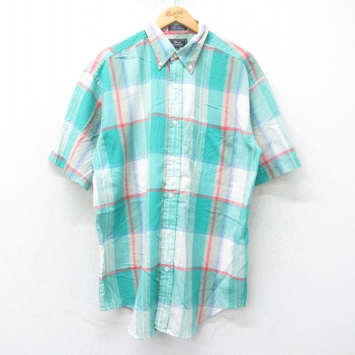 【50%OFF】L★古着 アロー 半袖 シャツ メンズ 90年代 90s ロング丈 ボタンダウン USA製 緑他 グリーン チェック 25jul04 中古 トップス