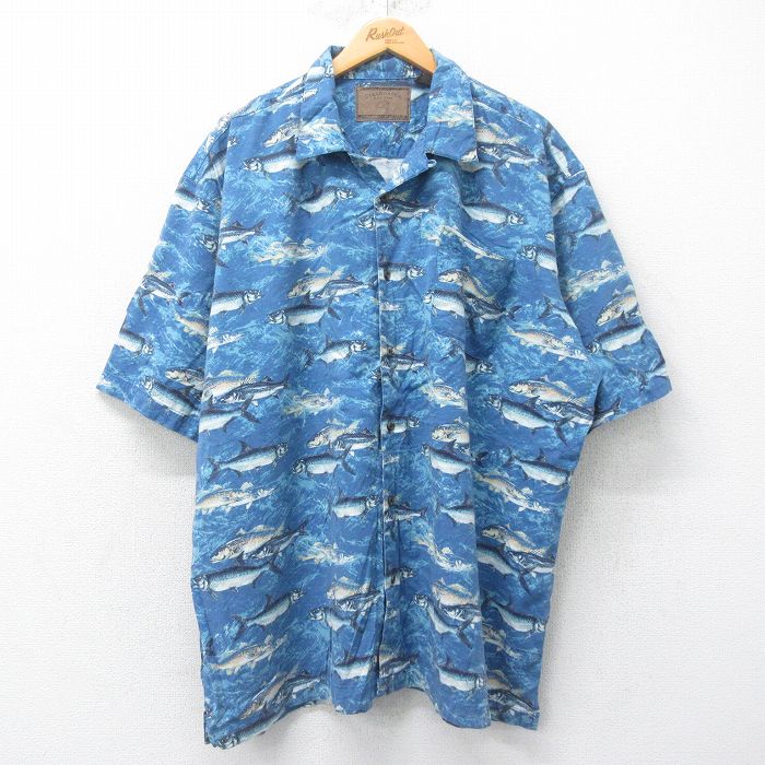 XL★古着 半袖 シャツ メンズ 魚 大きいサイズ 開襟 オープンカラー 紺他 ネイビー 25jul04 中古 トップス