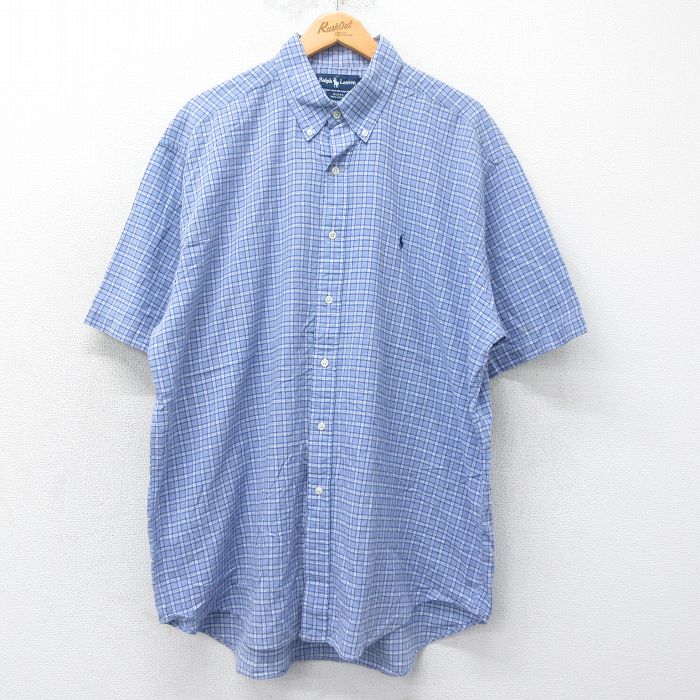 XL★古着 ラルフローレン Ralph Lauren 半袖 ブランド シャツ メンズ 90年代 90s ワンポイントロゴ BLAKE 大きいサイズ ロング丈 コットン ボタンダウン 薄紺他 ネイビー チェック 25jul04 中古 トップス