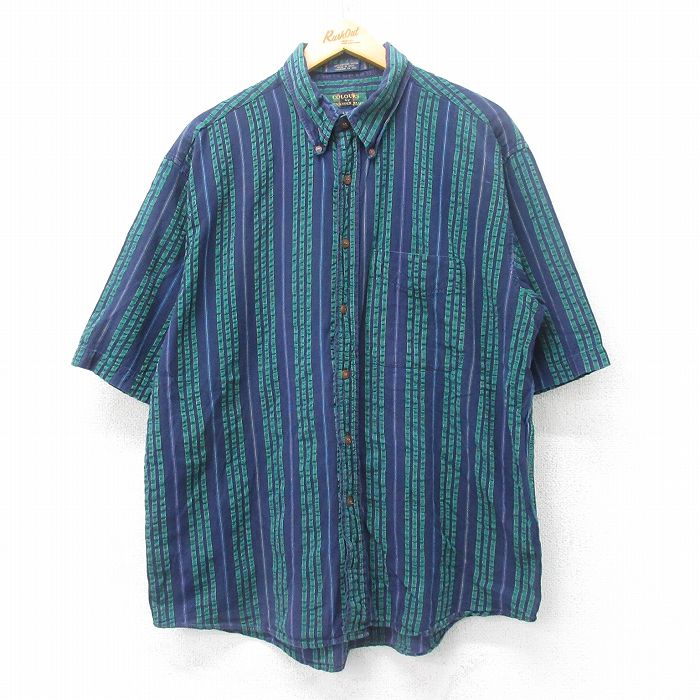 【50%OFF】XL★古着 半袖 シャツ メンズ 00年代 00s シアサッカー コットン ボタンダウン 濃紺他 ネイビー ストライプ 【spe】 25jul04 中古 トップス