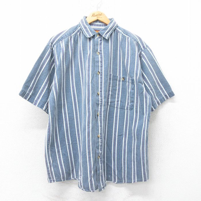 XL★古着 FADED GLORY 半袖 シャツ メンズ 00年代 00s コットン 紺他 ネイビー ストライプ 25jul04 中古 トップス