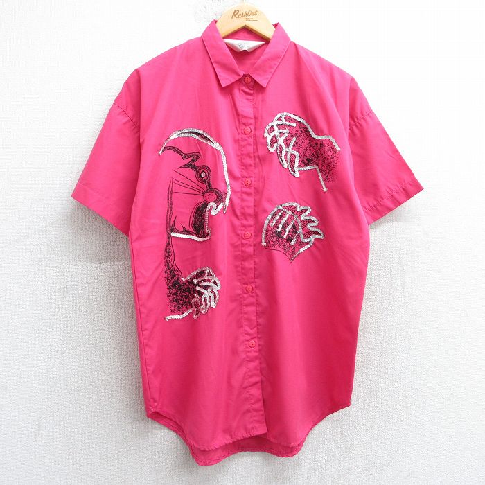 M★古着 半袖 シャツ メンズ 90年代 90s タイガー スパンコール ピンク他 25jul04 中古 トップス