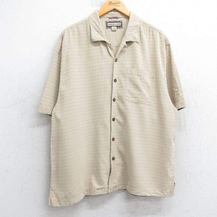 XL★古着 半袖 シャツ メンズ シルク 開襟 オープンカラー ベージュ他 カーキ チェック 25jul04 中古 トップス