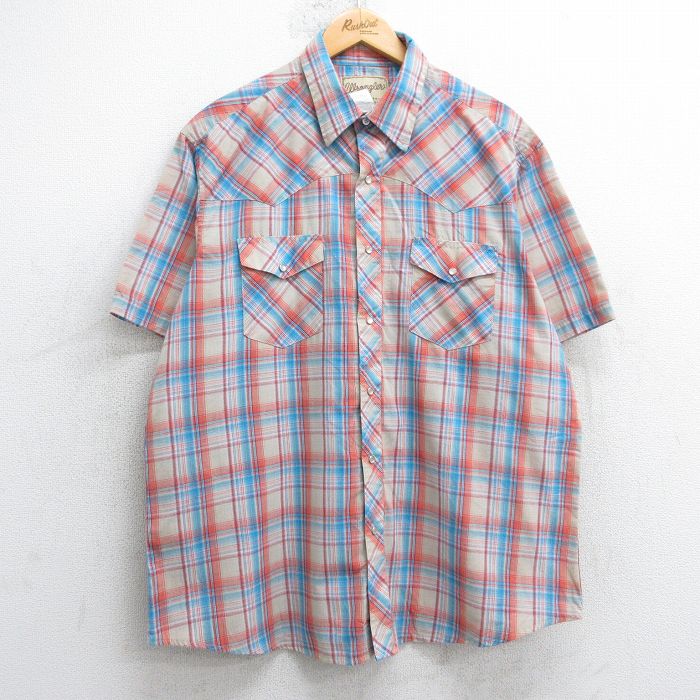 XL★古着 ラングラー Wrangler 半袖 ウエスタン シャツ メンズ 大きいサイズ ベージュ他 カーキ チェック 25jul04 中古 トップス