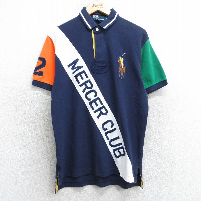 【50%OFF】M★古着 ラルフローレン Ralph Lauren 半袖 ブランド ラガー シャツ メンズ ビッグポニー アーサークラブ 2 マルチカラー 鹿の子 コットン 紺他 ネイビー 【spe】 25jul04 中古 トップス
