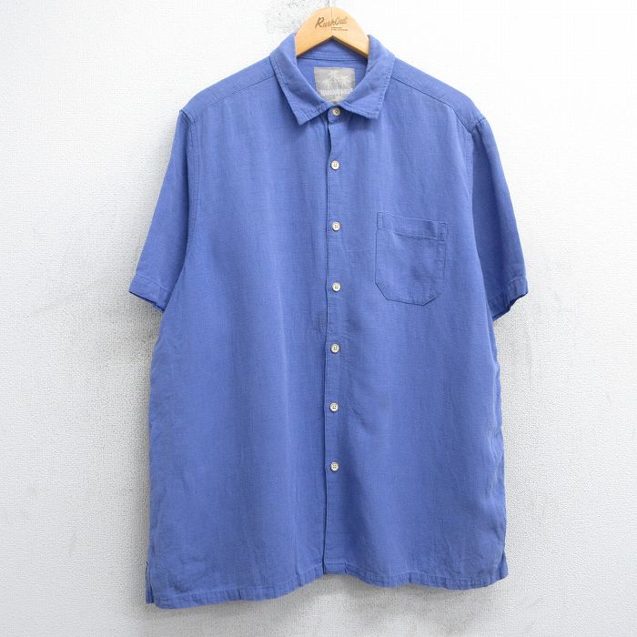 XL★古着 半袖 シャツ メンズ シルク 薄紺 ネイビー 25jul04 中古 トップス