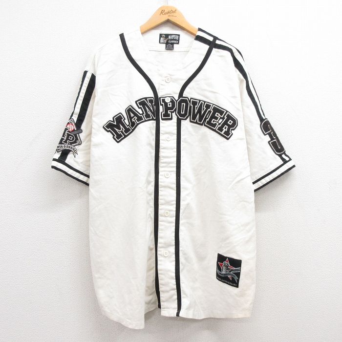 XL★古着 半袖 ベースボール シャツ メンズ MANPOWER リネン 生成り 25jul04 中古 トップス