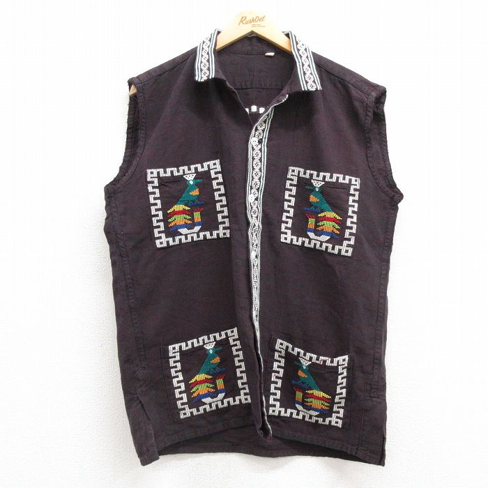 L★古着 ノースリーブ ガテマラ シャツ メンズ 鳥 刺繍 開襟 オープンカラー 黒系 ブラック 25jul04 中古 トップス