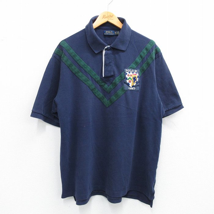 【50%OFF】XL★古着 ラルフローレン Ralph Lauren 半袖 ブランド ラガー シャツ メンズ ワンポイントロゴ 鹿の子 大きいサイズ コットン 紺他 ネイビー 【spe】 25jul05 中古 トップス