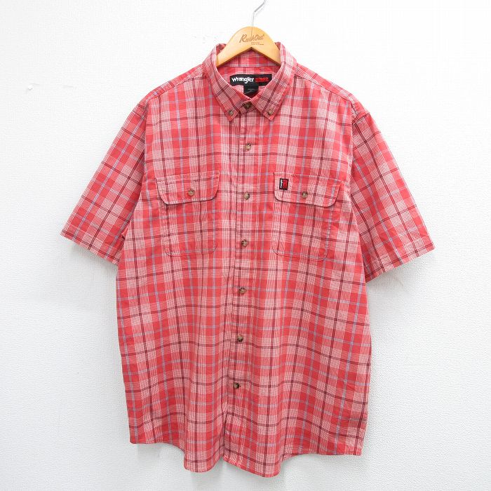 【50%OFF】XL★古着 ラングラー Wrangler 半袖 シャツ メンズ 大きいサイズ ロング丈 ボタンダウン 赤系他 レッド チェック 25jul05 中古 トップス
