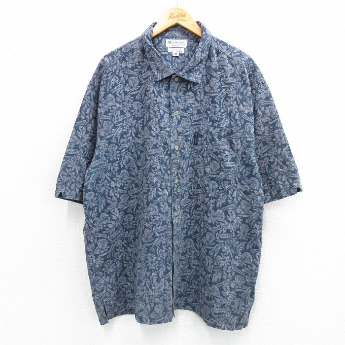 XL★古着 コロンビア COLUMBIA 半袖 シャツ メンズ 00年代 00s 花柄 大きいサイズ コットン 紺他 ネイビー 【spe】 25jul04 中古 トップス