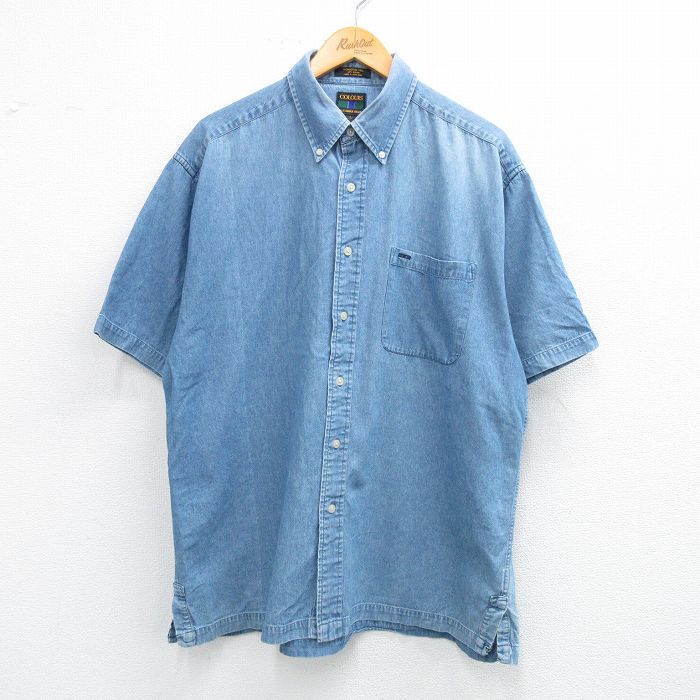 XL★古着 半袖 シャツ メンズ 00年代 00s 大きいサイズ コットン ボタンダウン 紺 ネイビー デニム 25jul04 中古 トップス