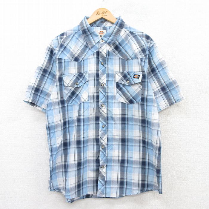 XL★古着 ディッキーズ Dickies 半袖 ウエスタン シャツ メンズ 薄紺他 ネイビー チェック 25jul04 中古 トップス