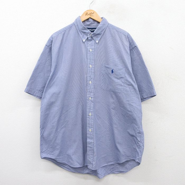 XL★古着 ラルフローレン Ralph Lauren 半袖 ブランド シャツ メンズ 90年代 90s ワンポイントロゴ TILDEN 大きいサイズ ロング丈 コットン ボタンダウン 紺他 ネイビー チェック 25jul04 中古 トップス