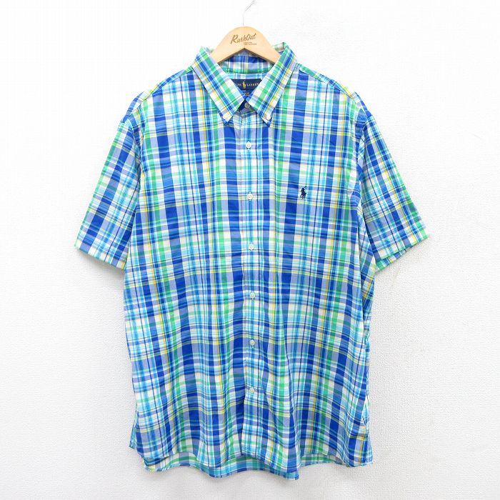 XL★古着 ラルフローレン Ralph Lauren 半袖 ブランド シャツ メンズ ワンポイントロゴ 大きいサイズ ボタンダウン 青他 ブルー チェック 25jul04 中古 トップス