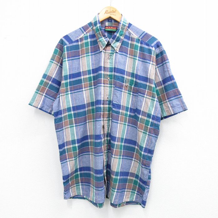 XL★古着 JOS A BANK 半袖 シャツ メンズ 90年代 90s コットン ボタンダウン 紺他 ネイビー チェック 25jul07 中古 トップス