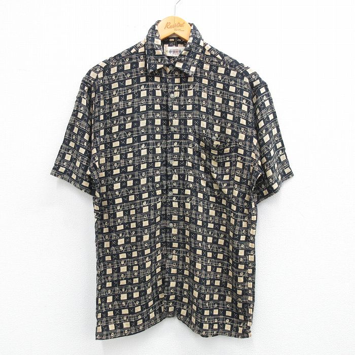 M★古着 半袖 シャツ メンズ 00年代 00s 総柄 レーヨン 黒他 ブラック 25jul07 中古 トップス