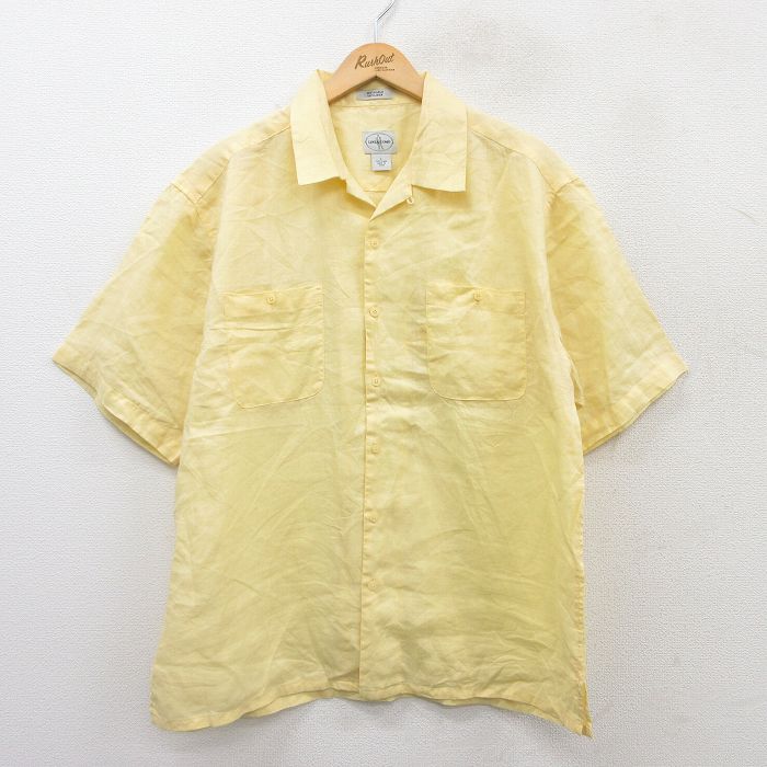 XL★古着 半袖 シャツ メンズ リネン 開襟 オープンカラー 黄 イエロー 25jul08 中古 トップス