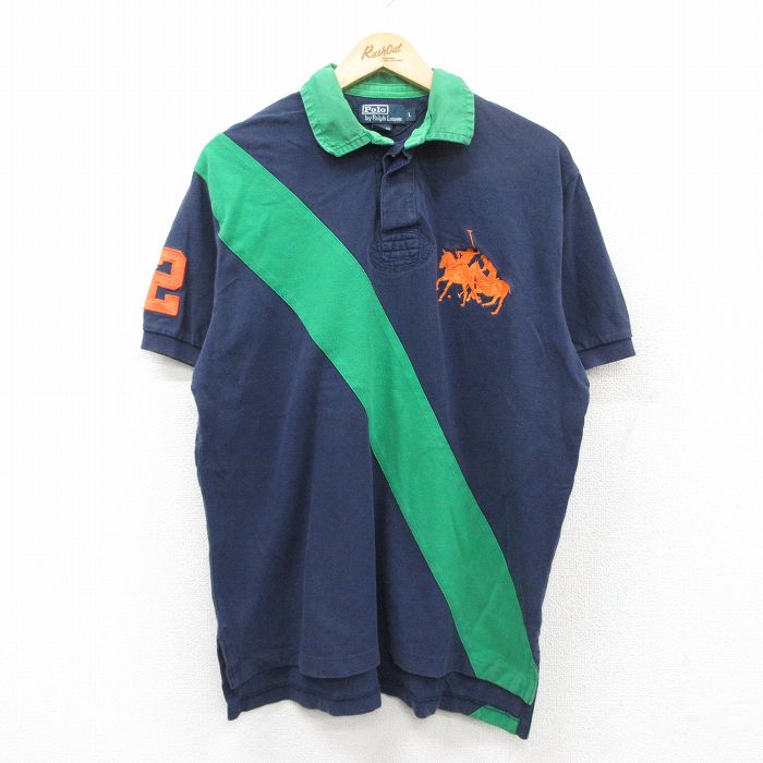 【50%OFF】L★古着 ラルフローレン Ralph Lauren 半袖 ブランド ラガー シャツ メンズ 90年代 90s ビッグポニー ツートンカラー 鹿の子 コットン 紺他 ネイビー 25jul08 中古 トップス