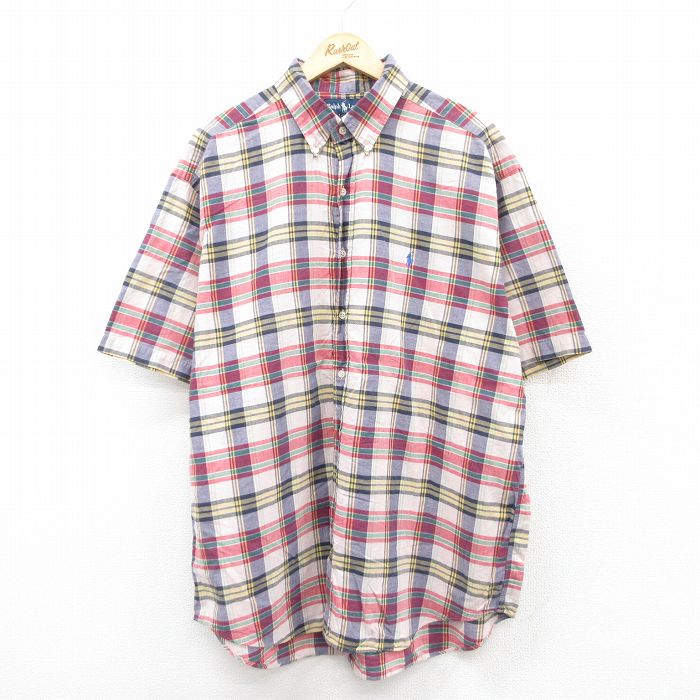 XL★古着 ラルフローレン Ralph Lauren 半袖 ブランド シャツ メンズ 90年代 90s ワンポイントロゴ BLAKE 大きいサイズ ロング丈 コットン ボタンダウン 紺他 ネイビー チェック 【spe】 25jul08 中古 トップス
