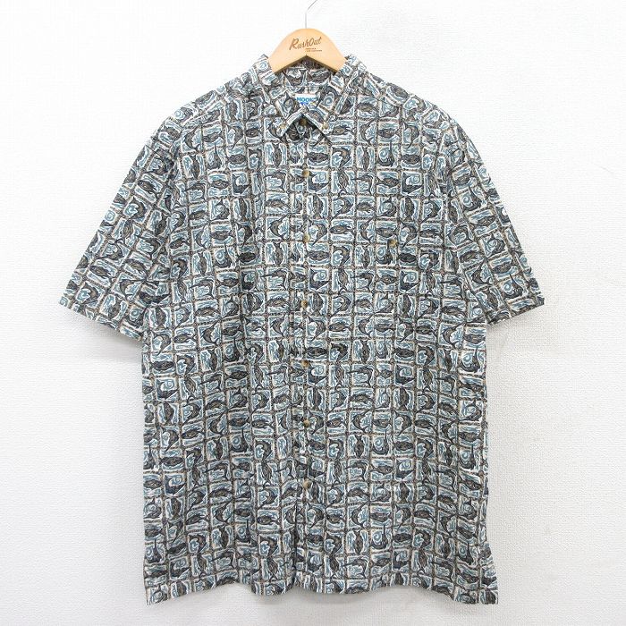 【20%OFF】XL★古着 半袖 シャツ メンズ 90年代 90s 魚 総柄 大きいサイズ コットン ボタンダウン USA製 薄紺系他 ネイビー 25jul09 中古 トップス