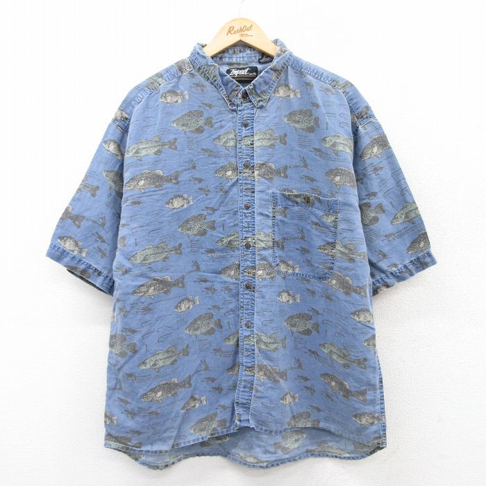 【50%OFF】XL★古着 半袖 シャツ メンズ 90年代 90s 魚 ルアー 総柄 ボタンダウン 紺他 ネイビー 【spe】 25jul09 中古 トップス