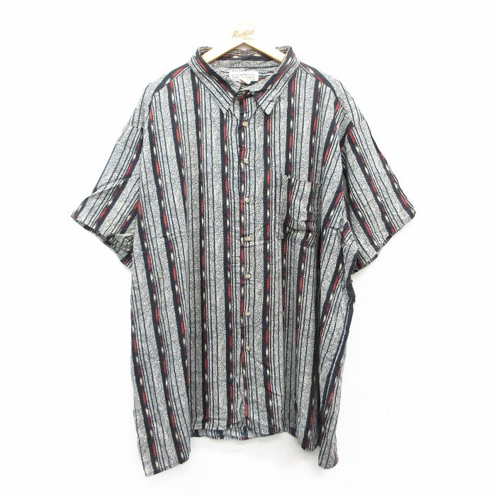 XL★古着 半袖 シャツ メンズ 00年代 00s 大きいサイズ ロング丈 レーヨン 黒他 ブラック ストライプ 25jul09 中古 トップス