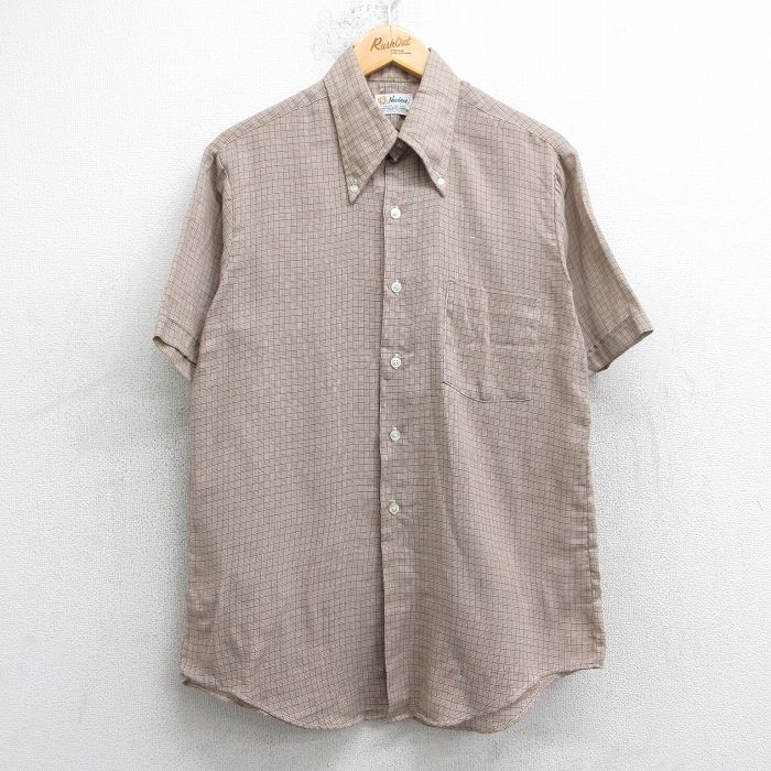 M★古着 半袖 シャツ メンズ 80年代 80s 総柄 ボタンダウン 茶他 ブラウン 25jul09 中古 トップス
