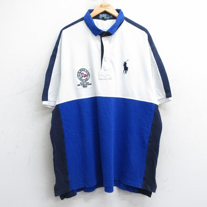 XL★古着 ラルフローレン Ralph Lauren 半袖 ブランド ハーフジップ ラガー シャツ メンズ 90年代 90s ビッグポニー 旗 マルチカラー 鹿の子 大きいサイズ コットン タロン 青他 ブルー 【spe】 25jul10 中古 トップス