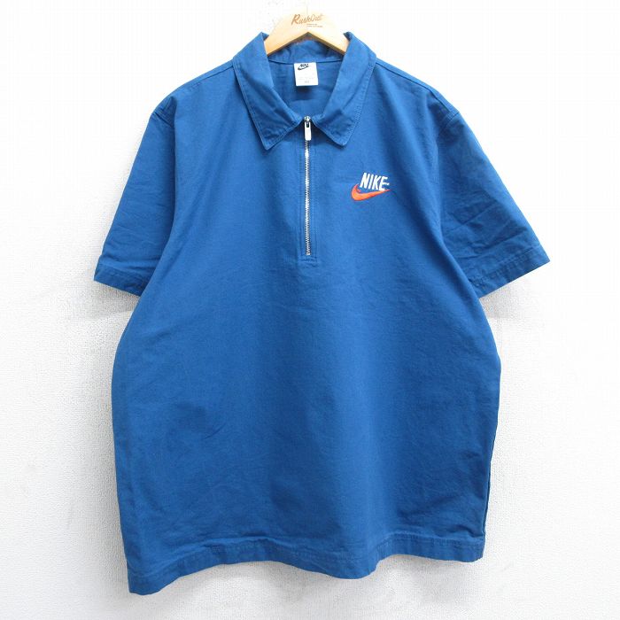 XL★古着 ナイキ NIKE 半袖 ハーフジップ シャツ メンズ ワンポイントロゴ 大きいサイズ コットン 紺系 ネイビー 25jul10 中古 トップス