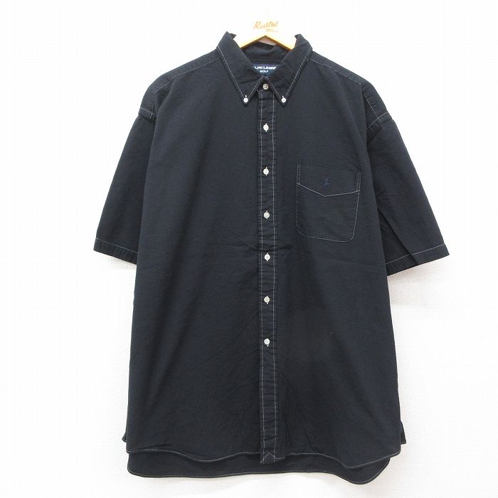 XL★古着 ラルフローレン Ralph Lauren ゴルフ 半袖 ブランド シャツ メンズ 90年代 90s ワンポイントロゴ TILDEN シアサッカー 大きいサイズ ロング丈 コットン ボタンダウン 黒 ブラック 25jul14 中古 トップス