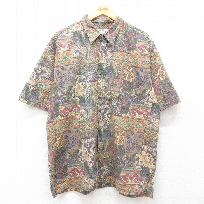 XL★古着 半袖 シャツ メンズ 90年代 90s 総柄 コットン USA製 ベージュ他 カーキ 25jul14 中古 トップス