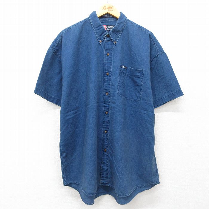 XL★古着 ラルフローレン Ralph Lauren チャップス 半袖 ブランド シャツ メンズ 90年代 90s 大きいサイズ リネン ボタンダウン 紺 ネイビー 25jul14 中古 トップス
