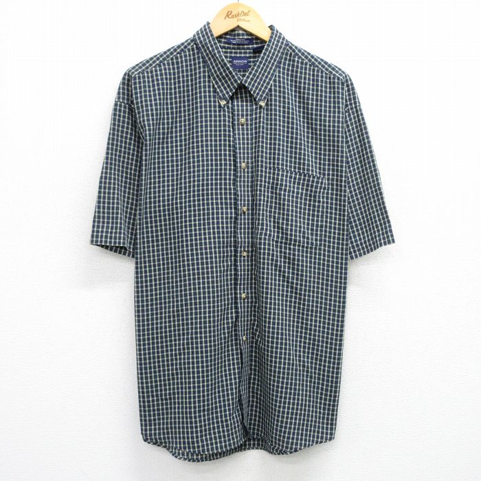 XL★古着 アロー 半袖 シャツ メンズ 大きいサイズ ボタンダウン 紺他 ネイビー チェック 25jul17 中古 トップス