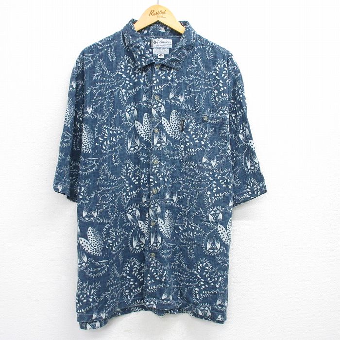 XL★古着 コロンビア COLUMBIA 半袖 シャツ メンズ 00年代 00s 葉 総柄 大きいサイズ 紺他 ネイビー 25jul17 中古 トップス